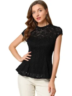 Allegra K Women's Mock Neck Cap Sleeve Crochet Lace Peplum Blouse -Allegra K GUEST 3fcfa819 be50 43a3 a752 e686a60d84f4