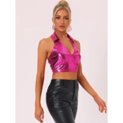 Allegra K Women's Shimmering Shiny Party Holographic Crop Metallic Halter Top -Allegra K GUEST 3fe4c39b 795d 41e2 a3c8 fbda27a30ec4