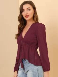 Allegra K Women's Deep V Neck Chiffon Top Swiss Dots Ruffle Hem Long Sleeve Peplum Top