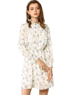 Allegra K Women's Floral Dress Mock Neck Tie Waist Ruffle Shift Chiffon Dress -Allegra K GUEST 41d26635 d8cb 4042 b8ce 2bdc38c2d729
