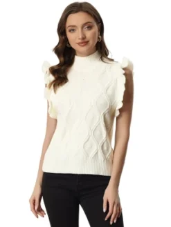 Allegra K Women's Ruffled Sleeve Mock Neck Casual Cable Knit Pullover Sweater Vest -Allegra K GUEST 42009d9e 3580 4aa3 aed6 5ff11fafd5ae