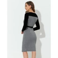 Allegra K Women's Vintage Houndstooth Square Neck Contrast Long Sleeve Midi Bodycon Dress -Allegra K GUEST 42bba870 3781 4da1 a2b1 b101aca9a3d3