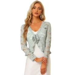 Allegra K Women's Tie Front Crop Cardigan Ruffled Hem Floral Lace Sheer Shrug Top -Allegra K GUEST 449257cf 5344 4424 9687 820184a85275