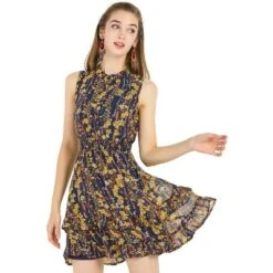 Allegra K Women's Floral A-line Smocked Waist Tiered Ruffled Chiffon Mini Dress -Allegra K GUEST 44d55957 ae36 4628 997a a38b2ce28aaf