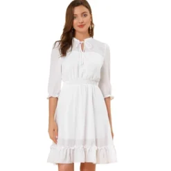 Allegra K Women's Ruffle Hem 3/4 Sleeve A-Line Smocked Short Chiffon Dress -Allegra K GUEST 44ff3aaa ba52 49e2 8385 a1b91b388067