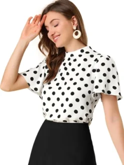 Allegra K Women's Polka Dots Stand Collar Pleat Keyhole Back Short Flare Sleeve Tops -Allegra K GUEST 45de0cd8 71d1 4f04 9e64 56bf185573d6