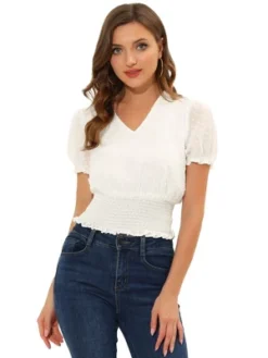 Allegra K Women's V Neck Short Puff Sleeve Swiss Dots Smocked Waist Summer Blouse -Allegra K GUEST 4616b308 b3d9 40d5 a4ca a4fd57d5f746