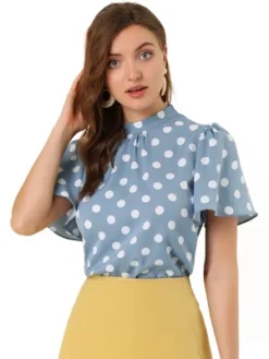 Allegra K Women's Polka Dots Stand Collar Pleat Keyhole Back Short Flare Sleeve Tops -Allegra K GUEST 469e7089 b1ab 4945 b606 d42caf958e5b