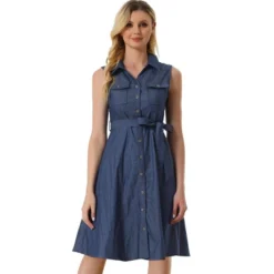 Allegra K Women's Chambray Tie Waist Button Front A-Line Dress 11 Allegra K Women's Chambray Tie Waist Button Front A-Line Dress -Allegra K GUEST 47322e66 8e7e 4863 b723 7322d0f50aeb