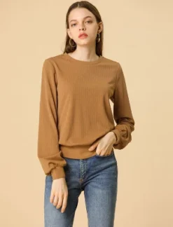 Allegra K Women's Warm Tops Lantern Sleeve Crew Neck Winter Ribbed Pullover Sweater