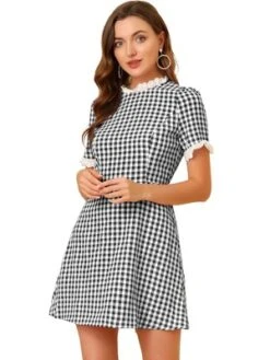 Allegra K Women's Summer Ruffle Neck Lace Panel Short Sleeve Check Gingham Dress -Allegra K GUEST 474e48c5 74b9 4dea 92d7 a3e70ef63ac2