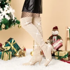 Allegra K Women's Glitter Pointed Toe Stiletto Heels Over The Knee High Boots