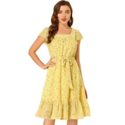 Allegra K Women's Floral Chiffon Flutter Sleeve Belted Square Neck Ruffled Hem Dress -Allegra K GUEST 477b5b2a b196 4563 84cc c66123e8cc1f
