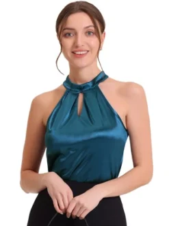 Allegra K Women's Work Mock Halter Neck Pleated Keyhole Sleeveless Satin Tank Tops -Allegra K GUEST 47adc3c9 91b8 4039 bebe 6a880ccfcd0a