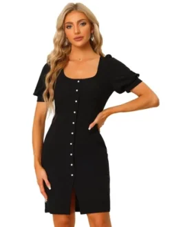 Allegra K Women's Button Decor Short Sleeve Work Office Bodycon Dress -Allegra K GUEST 4816b978 4723 4905 b23f 23005b79ee4a