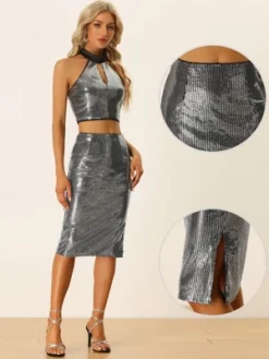 Allegra K Women's Sparkle Sequin Side Slit Party Midi Skirts