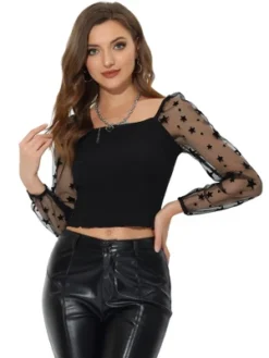Allegra K Women's Square Neck Blouse Star Print Mesh Sheer Long Sleeve Textured Crop Top -Allegra K GUEST 48d82446 a02c 4f2c 801f 9c725f3f3849