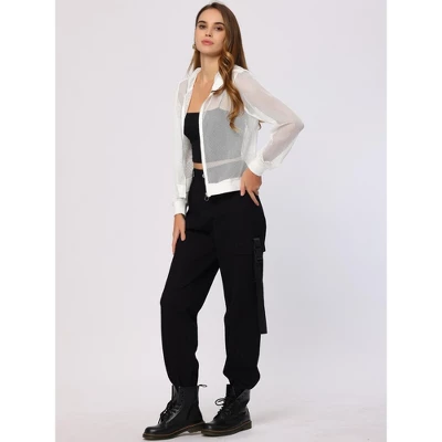 Allegra K Women's Zip Up Long Sleeve Mesh Sheer Hoodie Bomber Jackets 3 Allegra K Women's Zip Up Long Sleeve Mesh Sheer Hoodie Bomber Jackets - Image 3