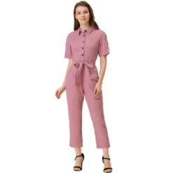Allegra K Women's Short Sleeve Collared Cropped Coverall Button Down Tie Waist Cotton Cargo Jumpsuit -Allegra K GUEST 48e03909 b90c 4683 baab 15d82f915850