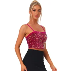 Allegra K Women's Velvet Spaghetti Strap Club Party Crop Sequined Cami Top -Allegra K GUEST 4910302b 99cd 4cc1 b244 3072b079ee1b