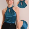 Allegra K Women's Work Mock Halter Neck Pleated Keyhole Sleeveless Satin Tank Tops