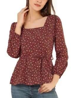 Allegra K Women's Floral Print Belted Waist Square Neck Vintage Peplum Blouse -Allegra K GUEST 49a398c8 2415 482f bc86 76a21a42fdb2