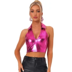 Allegra K Women's Shimmering Shiny Party Holographic Crop Metallic Halter Top -Allegra K GUEST 4a2ed05e 7b1b 433b a6eb c5c0e5c33449