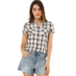 Allegra K Women's Point Collar Short Sleeve Button Down Plaid Shirt -Allegra K GUEST 4a5f6c0c d33f 4f3a 9660 4a4ed93c341f