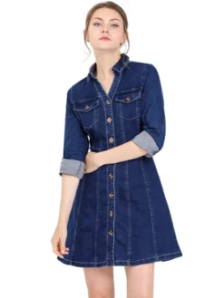 Allegra K Women's Button Down Collar V Neck Long Sleeve A-line Jean Denim Dress -Allegra K GUEST 4aa71a06 8fb5 4d48 974f 35936e7433df