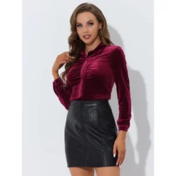 Allegra K Women's Elegant Velvet Blouse Collared Long Sleeve Button Down Shirt