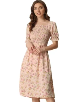 Allegra K Women's Square Neck Puff Sleeves Casual Midi Smocked Floral Dress -Allegra K GUEST 4b66817a 156e 4143 bdfc f6b5b777d08b