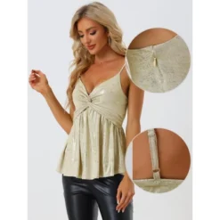 Allegra K Women's Sleeveless Deep V Neck Shimmer Metallic Peplum Party Cami Top