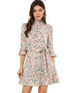 Allegra K Women's Floral 3/4 Bell Sleeve Smocked Belted Flare Ruffle Dress -Allegra K GUEST 4c0032f5 6f13 475b bc26 96779c7b6bf2