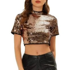 Allegra K Women's Halloween Sequin Crop Sparkle Glitter Short Sleeve Shinning T Shirt -Allegra K GUEST 4c0c38a3 2f60 4c9f a1db e34567205c1d