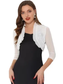 Allegra K Women's Mesh 3/4 Sleeves Open Front Elegant Ruffle Crop Bolero Shrugs -Allegra K GUEST 4c1facee c34c 4e9b bbaa 81d0eb59d401