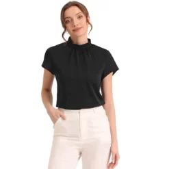 Allegra K Women's Mock Neck Pleated Elegant Office Solid Cap Sleeve Blouse -Allegra K GUEST 4c531acc 7ca3 4125 aa4d 581ba4eb6ab0