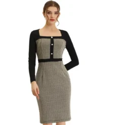 Allegra K Women's Vintage Houndstooth Square Neck Contrast Long Sleeve Midi Bodycon Dress -Allegra K GUEST 4d2b8588 59ef 4e39 be63 9277e62ed36e