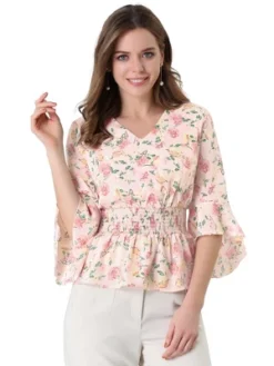 Allegra K Women's Chiffon Floral Blouse V-neck Flare Sleeve Spring Smock Waist Top -Allegra K GUEST 4d3202b4 b212 4fd3 adee 5e497d44098f