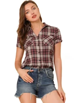 Allegra K Women's Point Collar Short Sleeve Button Down Plaid Shirt -Allegra K GUEST 4d400082 b4d8 4146 8212 d1b575af242f