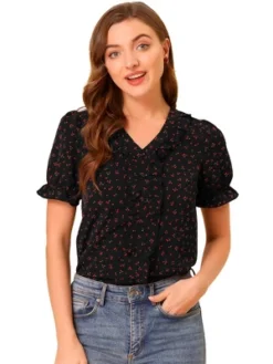 Allegra K Women's Short Sleeve Ruffle V Neck Cherry Printed Vintage Floral Summer Peasant Blouse -Allegra K GUEST 4d4c4bdd 35c6 4232 aa79 2a590ad8a132