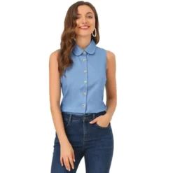 Allegra K Women's Casual Tops Sleeveless Button Down Peter Pan Collar Chambray Shirt -Allegra K GUEST 4df773a7 8bfd 4bb8 9b5d 2af53303fd18