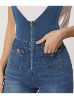 Allegra K Women's Casual Denim V Neck Zip Up Bell Bottom Jeans Jumpsuits -Allegra K GUEST 4e608a37 8ab4 4b47 93ae b7909c6f59f1