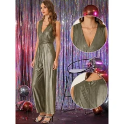 Allegra K Women's V Neck Sleeveless Glitter Sparkly Metallic Jumpsuit