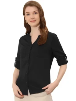 Allegra K Women's V Neck Roll Up Sleeve Button Up Work Shirt Blouse -Allegra K GUEST 4f5d0c29 1abe 4949 bc4b 66f68b70d6c0