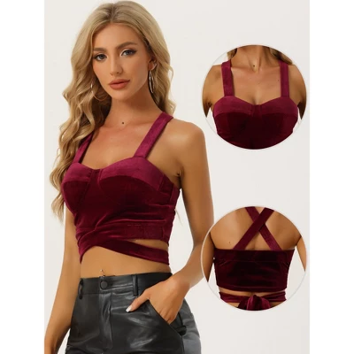 Allegra K Women's Party Velvet Sleeveless Spaghetti Strap Deep V Crop Cami Tank Top 1 Allegra K Women's Party Velvet Sleeveless Spaghetti Strap Deep V Crop Cami Tank Top
