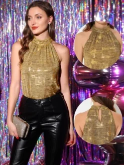 Allegra K Women's Casual Party Sparkle Sleeveless Halter Tops