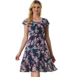 Allegra K Women's Floral Chiffon Flutter Sleeve Belted Square Neck Ruffled Hem Dress -Allegra K GUEST 4fb62449 722b 44b2 9944 6e1d4ea191e8