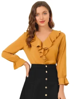 Allegra K Women's Office Work Ruffle V Long Sleeve Neck Chiffon Peasant Blouse -Allegra K GUEST 500ed5f5 77ec 4815 9e8c aea87b60c6aa