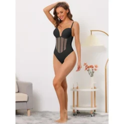 Allegra K Women's Mesh Panel Tummy Control Sculpting Leotard With Adjustable Straps -Allegra K GUEST 50143167 904e 4b84 b7db d8e93dcdc7db