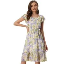Allegra K Women's Floral Chiffon Flutter Sleeve Belted Square Neck Ruffled Hem Dress -Allegra K GUEST 50c06469 9747 4d36 a7a9 7db1f69e6b29